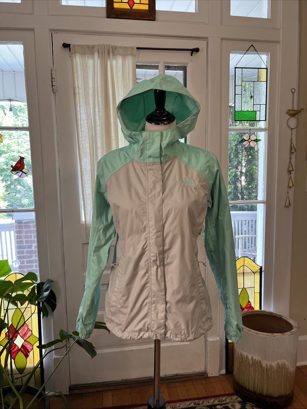 The North Face Jacket Womens S Full Zip Windbreaker Rain Coat Teal Gray Classic